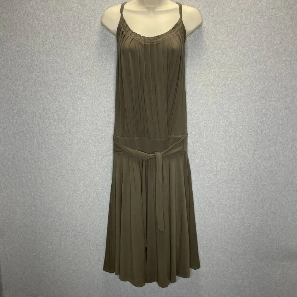 BCBGMaxAzria Pleated Front Waist Tie Super Soft Sleeveless Blouson Midi Dress